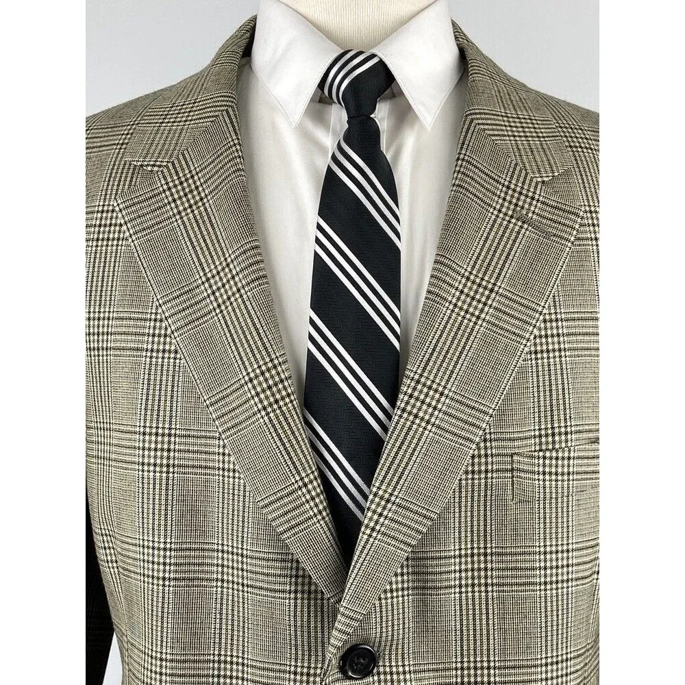 VINTAGE J CREW Mens 44L Beige Plaid/Check Wool USA Blazer Sport Coat Suit Jacket